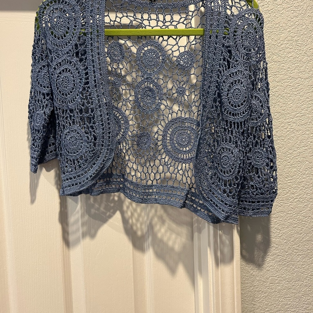 Blue and Silver Crochet Open-Front Cardigan